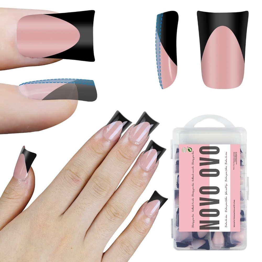 Black And Pink French Tip Short Duck Nails 240 Press On Nails